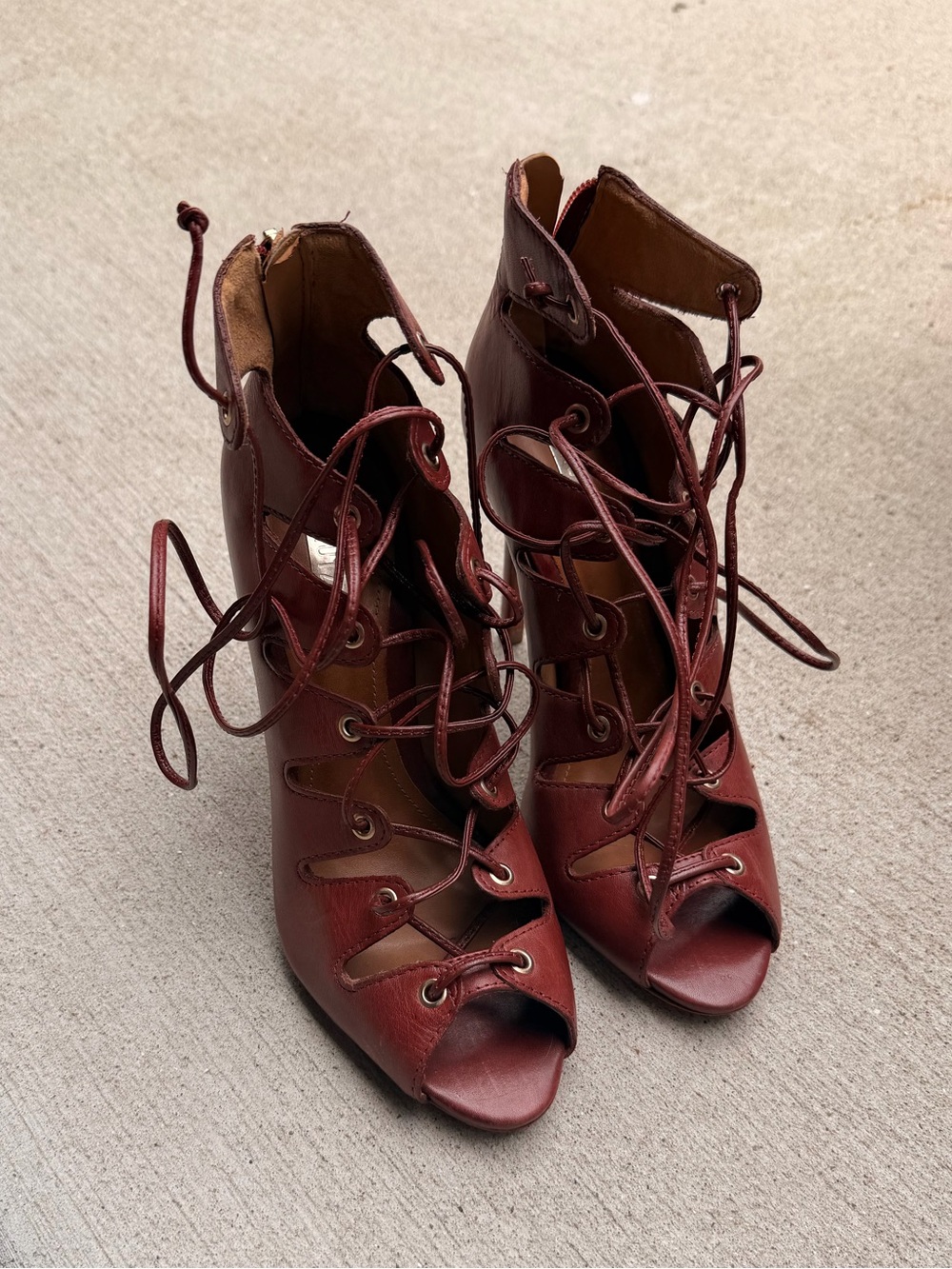 Schultz  Lace-Up Peep Toe Heels in Burgundy